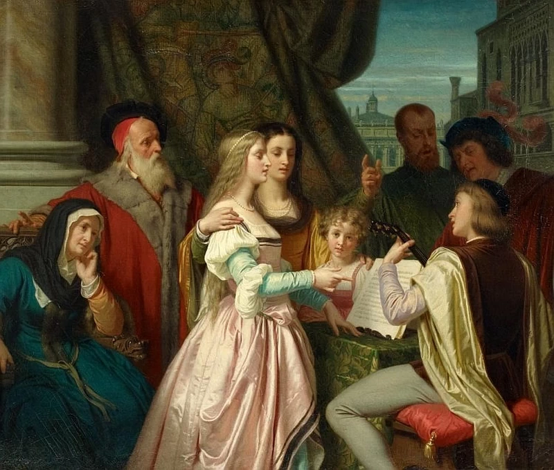 Il compositore italiano Giovanni Pierluigi da Palestrina con musicisti, a sinistra i suoi mecenati e Papa Marcello II